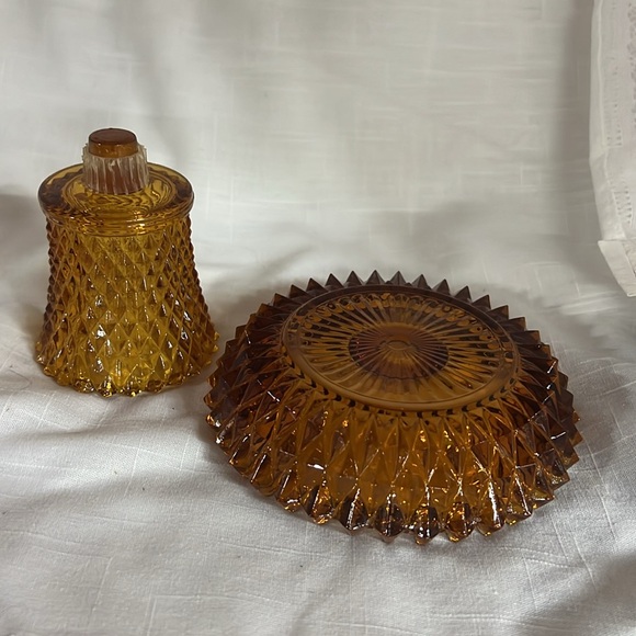 Vintage Indiana Glass Diamond Point Amber Candle Votive Candlestick Holder - Picture 4 of 6